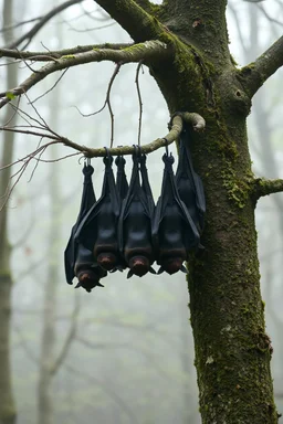 A group of black bats hanging upside down from a tree without leaves . The tree skin is covered in moss and lichen, allowing it to blend seamlessly into its surroundings. Forest Spirits feed on the energy of trees and can create thick fog to confuse their victims.