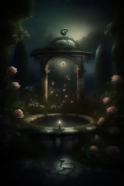 magical overgrown secret garden, roses, ivy, fountain, twilight, moon, stars dark tones, warm tones