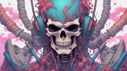 a close up of a person with a skull on their head, anime skull portrait man, scary detailed art in color, hiroyuki-mitsume takahashi, nychos art aesthetic, half man half skeleton, anime cyberpunk art, colored manga art, rossdraws pastel vibrant, hot colors. insanely detailed, beautiful anime portrait, stunning anime face portrait, scary art in color