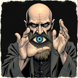 Bald Aleister Crowley holding up hand revealing an eye in middle of his palm, arcane comic illustration, by Dave McKean and Gabriel Pacheco