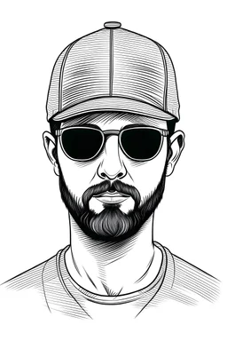 Minimal linear portrait of a man with short beard and a baseball cap with sunglasses