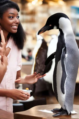 young black hair woman talk to a penguin in coffee-shop