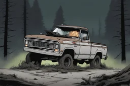 pickup truck, rear, forest, comic book,post-apocalypse, gray background, night time,