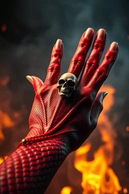 A hand palm fest with a ring in the index finger on it a skull, red skin, scales, unreal engine 6, high detail, intricate, cinematic. photoshoot style, intricate, studio lighting, masterpiece , highly detailed, 8k, best quality, fire, smoke, dramatic,d,<lora:mshn:0.7>,<lyco:Warrior_Couture:0.5>,