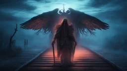 walking straight ahead over a wooden bridge, holding the angel of death with your right hand, entering the fog at the end of the road that leads to the afterlife, and a beautiful sunset and galaxy's behind the fog, realistic