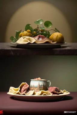 renaissance style still life composite, dish of Raviolis with cow meat, vine cup, olive oil. moisture, art, natural, ornaments, ceramic, marble, high kitchen, smooth, god rays, unreal engine 5, ray tracing, RTX, lumen lighting, ultra detail, volumetric lighting, 3d.