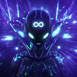 3D infinity symbol ∞ on alien's forehead, infinity figure-of-eight symbol is totally-symmetrical and glowing, exotic, neon, alien, inspiring, fantasy, scientific, friendly, beautiful, octane render, 8k post-production, artstation: award-winning: atmospheric: commanding: fantastical: clarity: 16k: ultra quality: striking: brilliance: liquid medium: stunning colors: amazing depth; lens: f/8, 28mm