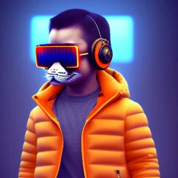 Tiger toddler, smile, cyberpunk headphone, sunglass, gangsta neckless, full body, orange puffer jacket, tokio background, dramatic lighting, hyper realistic, unreal engine 5, 16k