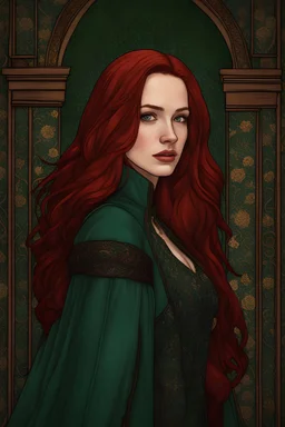 Adult woman fusing Rose Dewitt Butaker's, and Madelaine Petsch's features, fair complexion, long dark red hair, flowing blue medieval dress, emerald green eyes, standing amidst a backdrop of a richly-colored medieval tapestry, graphic novel style, digital art, dramatic lighting, high detailed.
