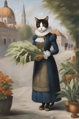 Painting of 1 anthropomorphic dressed female cat selling lily-of-the-valley in Vienna