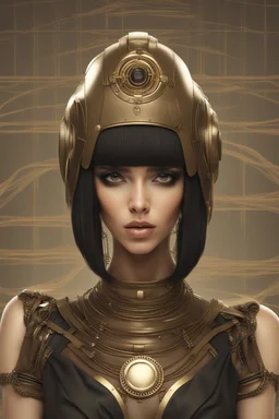 full body picture of a woman with a bob, a fringe hairstyle, Cleopatra clothing futuristic steampunk