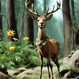 (photo of a movie by Ray Harryhausen) Deery the deer is a humanoid deer. he has arms and stand up on his two only back deer legs like a faun. he laughs and he's sticking out his tongue. he likes to have fun, has no barrier, especially when he smoke weed and eat mushrooms. He's wearing a flower necklace draped around his hips, he has a joint of weed in his hand