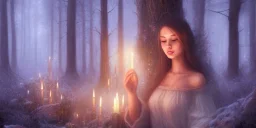 woman from all over the world, sitting in a cirle surrounded by candles and crystal, meditating in a enchanted forest, fotorealistic, high quality, landscape, 17