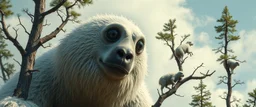 close up on member of giant polar alien sloth gremlin sheep flock climbing trees