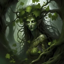 A sinister Dryad known as the Thornweaver, draped in vines and surrounded by twisting thorn bushes. Its eyes glint with malice as it prepares to ensnare its next victim.