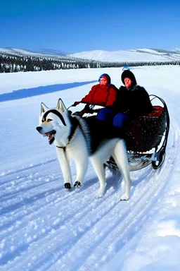 Matthew y Margaret se encuentran en un trineo tirado por un husky mientras viajan por un paisaje nevado