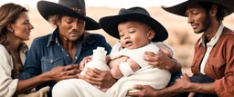 Cowboys women breastfeeding and giving milk to human babies.
