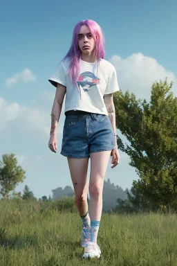 Billie Eilish, in shorts, photorealistic, 8k