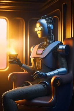 portrait of futuristic space robot holding lotsa phones chatbot smoking a sigar on a throne in a fast bullet train , smoke, 4k, downlight, soft light, depth of field, photorealism, trending on art station