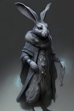 humanoid rabbit, sorcerer, gray fur, full body