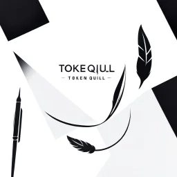 A modern "TokenQuill" app logo, minimalist design, black color, sleek and simple quill pen silhouette, clean lines, and a hint of negative space, white background