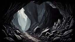 Dark fantasy painting art style. bottom of a rocky cave sloped downward into branching tunnel paths going into pitch blackness.