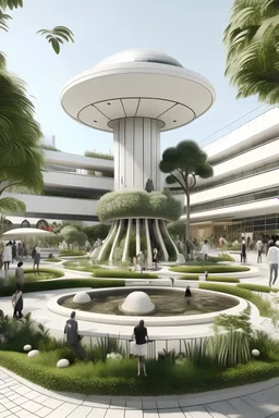 centro comercial minimalista con fuente en forma de hongo y mucha vegetación y muchas personas
