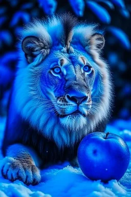 lion eat apple with snow and blue mood