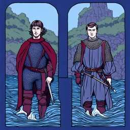 The prince of the high tide and the prince of the low tide in the river wearing medieval battle clothes, the image is divided into half a river at high tide and half a river at low tide