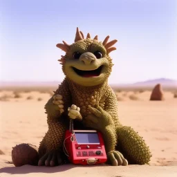 Godzilla as a baby muppet kawaii calling phone using a cellphone nokia, desert egypt studio pharaoh photo. Magazine 1980