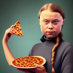 portrait of Greta Thunberg holding an empty pizza box