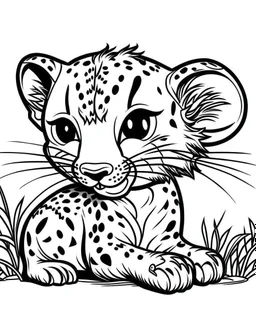 create a 2d black outline, "safari smiling cartoon baby gepard coloring book for toddlers", coloring page, low details design, black contour, coloring page design, simple background, colorful , card style, coloring page for kids, white background, sketch style, safari landscape, cartoon style