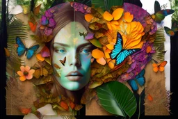 double exposure, Rainforest, flowers, birds, sleeping goddess merged layers, waterfall and butterflies Patchwork and painting by Meghan Duncanson and Jennifer Lommers and Didier Lourenço in sunshine plastic 3D effect ochre, burlap, mirror foil