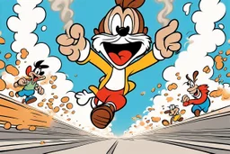 mostly sky, ground line at bottom, small cartoon character on the bottom right running towards the right side, leaving behind a puff of smoke. style of looney toons cartoon