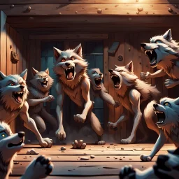 A group of anthropomorphic wolves react in surprise as a large hammer slams into an wooden house wall. one young anthropomorphic wolf's figure in bodyhair positioned in the foreground with empty paws, in the background, other anthropomorphic wolves watch the scene unfold with expressions of shock and with surprise faces. high realistic, detailed, sci-fi, digital art, dark fantasy mood, rain, deep colors, sharp lines, cinematic