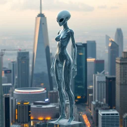 A transparent of a tall alien figure of human , mixing together a lot of them, making a shape of a woman, a big modern city with high status and towers in the background