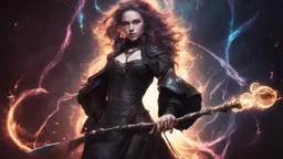 poster, a fantasy girl on a bright background holds a magic staff, with the ERAZE logo. The edges of the image fade to black.