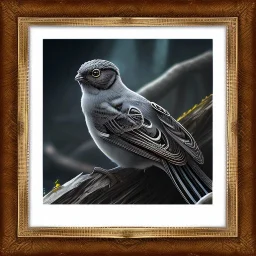 Techno style ink small bird picture in detailed frame, big black eyes, unreal engine 5, 8k resolution, photorealistic, ultra detailed, frame extreme accurate