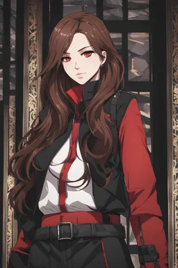 A young woman with pale skin and long brown hair in a modern setting with intricate details. She is wearing casual black and red clothes. She is smirking, has intense red eyes, intimidating presence, high definition. anime style.