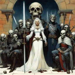 [art by Norman Rockwell] Brain, zombie, skull and the likes... Land trembles as the Necromancer Queen emerges, her twin swords gleaming with dark power. Undead minions heed her command, twisted by her malevolent magic into grotesque servitude. Flanked by monstrous warriors, one decay-shrouded and the other a formidable mass of muscle, she nears the heart of the battlefield as a storm of dread brews above, echoing nature's fear.