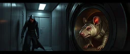 4️⃣ Evil NPC Emerges "A menacing human in shadowy uniform with glowing red eyes prowls a metallic corridor. Giant mummy rat peeks cautiously from a maintenance hatch, tense and sly, bandages flutter slightly. Stasis rat pod softly illuminated in the background. Deep shadows and rich textures, mood ominous and suspenseful."