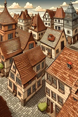 old town, brown brick, low houses, tiled roof, old cartoon style