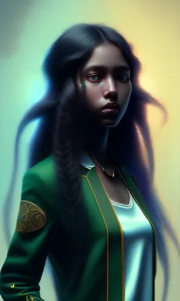 girl, cute, beautiful, long hair, curly hair, black hair, turquoise skin, brown eyes, green coat, black tee shirt, head and shoulders portrait, 8k resolution concept art portrait by Greg Rutkowski, Artgerm, WLOP, Alphonse Mucha dynamic lighting hyperdetailed intricately detailed