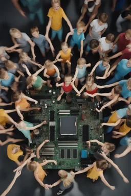 aerial view photo of a group of small people dacing on a computer motherboard