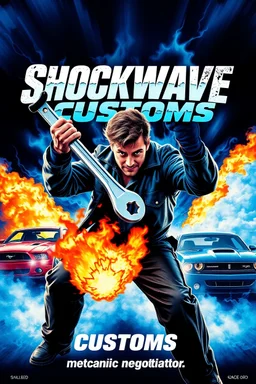 "Design a 90s-style romantic movie poster titled 'Shockwave Customs' with a blue theme and blue flames. Feature a super heroic mechanic in the foreground, fiercely battling thousands of adversaries with a spanner. In the background, show cars doing burnouts, creating a dynamic and intense scene. Capture the high-energy, gritty aesthetic of classic 90s romantic films. Prominently display the subtitle 'mmechanic negotiator' in bold, CRAZY impactful lettering."