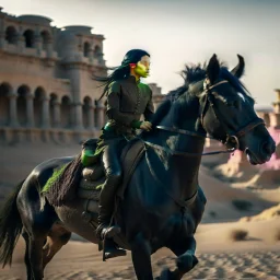 woman riding black stallion in castle in the desert, photo-realistic, shot on Hasselblad h6d-400c, zeiss prime lens, bokeh like f/0.8, tilt-shift lens 8k, high detail, smooth render, down-light, unreal engine, downlight