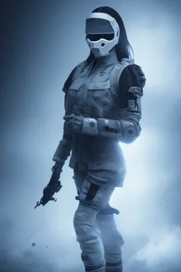 All Black female british soldier, ghost, wearing high tech mask, white smoke, dark, rage, sorrow, high definition, ultra 8 k, volumetric lighting, blue fire, fog