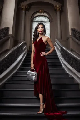 A beautiful woman in red velvet casual dress and in silver jevellry, dark hair , dark red color lipstick, with silver theater bag, stands on the stairs, ultra detail, flirty, perfect focus, random background, hyper detailed, sharp focus, studio photo, intricate details, professional photo