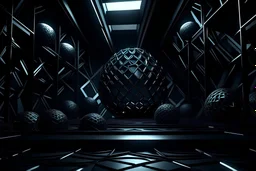 architectural illustration of a hyper crazy aluminum diorama art of the matte black ball squares circles triangles glowing lines motion blur depth of field dark metallic colors light from the top and back hyper shadows octane render