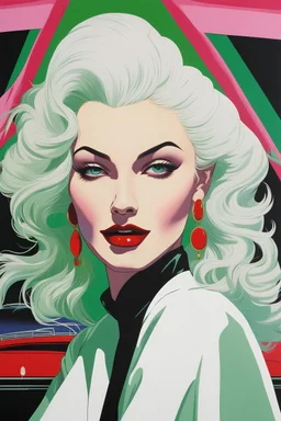 close-up ((((facing ((Santa Claus)) smiling))) - long floating white wavy hair. Vivid red to green, Oil neon painting Expressionit art ((80's horror poster)), Patrick Nagel, synthwave, Photo realistic.